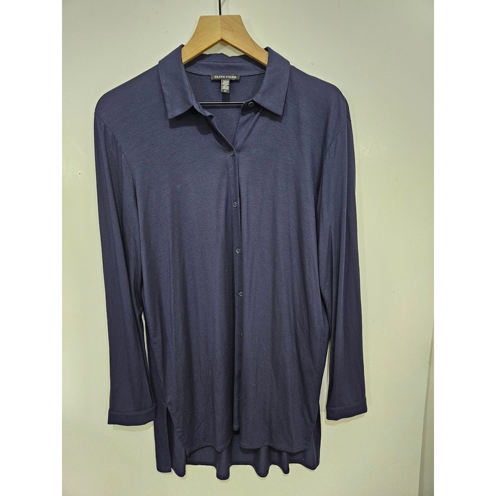 Eileen Fisher Womens Small Navy Viscose Jersey Button Front Tunic Minimalist